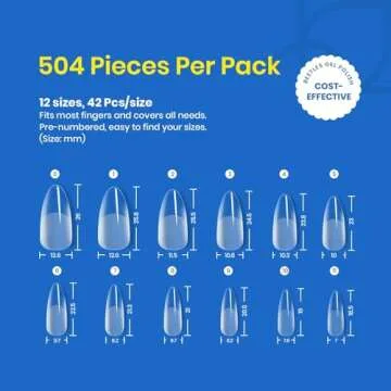 Beetles 12 Sizes Gel Nail Tips Etch Nail Tips 504Pcs Pre Filed Half Matte Medium Almond Full Cover Nail Tips False Fake Clear Acrylic Press on Nails for DIY Nail Extension and Salon Use