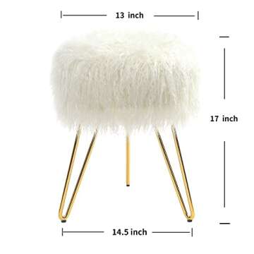 C COMFORTLAND Fur Fuzzy Bedroom Stool for Vanity Desk, Small Fluffy Makeup Chair for Dressing Table, Furry Round Ottoman Foot Stool for Bathroom, Living Room, Kids Room White