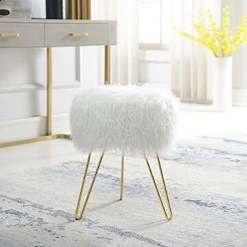C COMFORTLAND Fur Fuzzy Bedroom Stool for Vanity Desk, Small Fluffy Makeup Chair for Dressing Table, Furry Round Ottoman Foot Stool for Bathroom, Living Room, Kids Room White