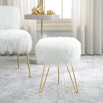 C COMFORTLAND Fur Fuzzy Bedroom Stool for Vanity Desk, Small Fluffy Makeup Chair for Dressing Table, Furry Round Ottoman Foot Stool for Bathroom, Living Room, Kids Room White