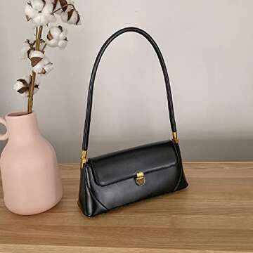 Small Clutch Shoulder Bag for Women Leather Mini Tote Handbag Purse with Buckle Closure (black)