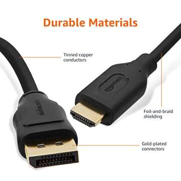 Amazon Basics DisplayPort to HDMI Cable, Uni-Directional, 4K@30Hz, 1920x1200, 1080p, 6 ft, Black