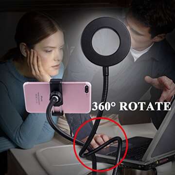B-Land Cell Phone Holder with Selfie Ring Light for Live Stream, Flexible Mobile Phone Clip Holder Lazy Bracket Desk Lamp LED Light for Bedroom, Office, Kitchen, Bathroom (Black)