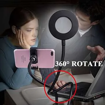 B-Land Cell Phone Holder with Selfie Ring Light for Live Stream, Flexible Mobile Phone Clip Holder Lazy Bracket Desk Lamp LED Light for Bedroom, Office, Kitchen, Bathroom (Black)