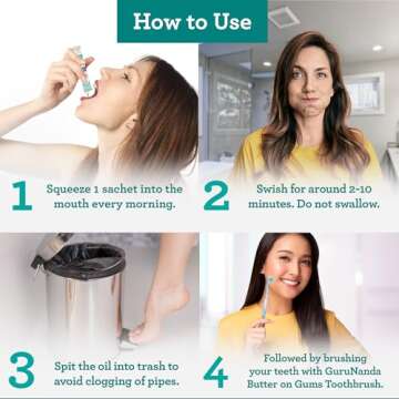 GuruNanda Travel Sachets Coconut Oil Pulling, Fresh Breath & Whitening Mouthwash, 7 Essential Oils & Vitamins for Happy Teeth & Gums, 7 Sachets