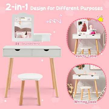 Costzon Kids Vanity Set, Girls Vanity Set with Mirror and Stool, 2 Large Drawers, Storage Shelf, Woo...