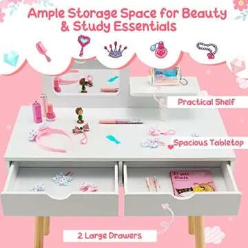 Costzon Kids Vanity Set, Girls Vanity Set with Mirror and Stool, 2 Large Drawers, Storage Shelf, Wooden Princess Makeup Dressing Table, Pretend Play Vanity Table and Chair Set for Toddlers, White