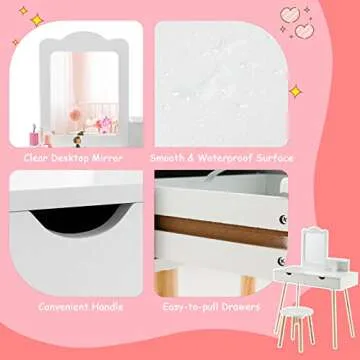 Costzon Kids Vanity Set, Girls Vanity Set with Mirror and Stool, 2 Large Drawers, Storage Shelf, Wooden Princess Makeup Dressing Table, Pretend Play Vanity Table and Chair Set for Toddlers, White