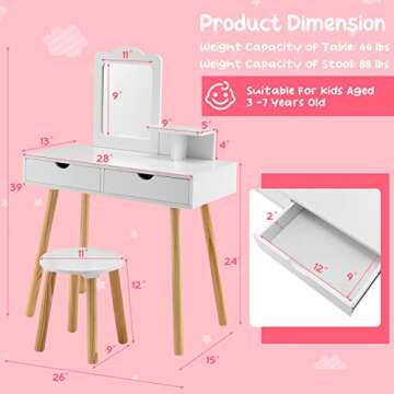 Costzon Kids Vanity Set, Girls Vanity Set with Mirror and Stool, 2 Large Drawers, Storage Shelf, Wooden Princess Makeup Dressing Table, Pretend Play Vanity Table and Chair Set for Toddlers, White