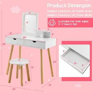 Costzon Kids Vanity Set, Girls Vanity Set with Mirror and Stool, 2 Large Drawers, Storage Shelf, Wooden Princess Makeup Dressing Table, Pretend Play Vanity Table and Chair Set for Toddlers, White