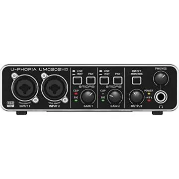 Behringer U-Phoria UMC202HD Audiophile 2x2 USB Audio Interface and Accessory Bundle w/Headphones + Adapter + Cables + Fibertique Cloth