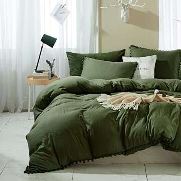 ETDIFFE Dark Olive Green Duvet Cover Queen Size, 3 Piece Boho Bohemian Farmhouse Pom Microfiber Bedd...