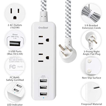 Power Strip with USB 2 Outlets 3 Ports for Home Travel