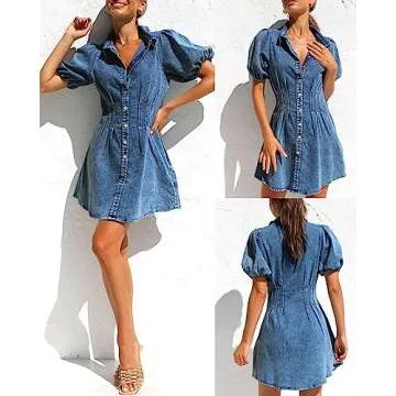 KDF Summer Denim Dress for Women Puff Sleeve Slim Fit Jean Dresses for Women 2024 Casual Blue Size Small Size 4 Size 6