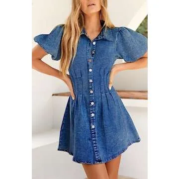 KDF Summer Denim Dress for Women Puff Sleeve Slim Fit Jean Dresses for Women 2024 Casual Blue Size Small Size 4 Size 6