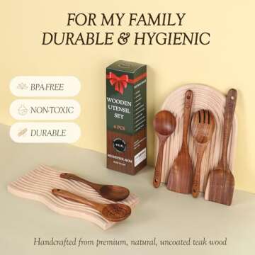Wooden Spoons for Cooking - 6 Pcs Teak Wood Cookware Utensil Set with Smooth Finish - Non-Stick, Com...
