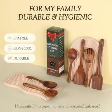 Wooden Spoons for Cooking - 6 Pcs Teak Wood Cookware Utensil Set with Smooth Finish - Non-Stick, Com...