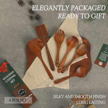 Elegant 6 Pcs Teak Wood Cooking Utensil Set - Durable & Eco-Friendly