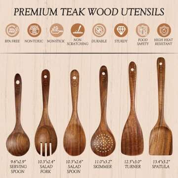 Elegant 6 Pcs Teak Wood Cooking Utensil Set - Durable & Eco-Friendly