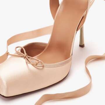 Riekhany Satin Ballet Heels for Women Closed Square Toe Bow Ballerina Heels Lace Up High Heel Slingback Pumps Strappy Stiletto Mary Janes Elegant Party Shoes Pink