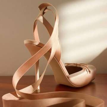 Riekhany Satin Ballet Heels for Women Closed Square Toe Bow Ballerina Heels Lace Up High Heel Slingback Pumps Strappy Stiletto Mary Janes Elegant Party Shoes Pink