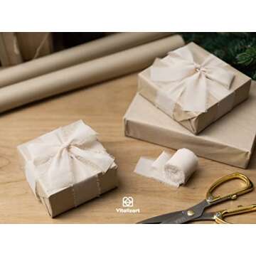 Vitalizart Light Nude Handmade Chiffon Silk Ribbon Fringe 3 Rolls 1.5" x 21 Yd Beige Frayed Edges Ribbons for Wedding Invitations Bridal Bouquets Gifts Wrapping Crafts Holiday Decor