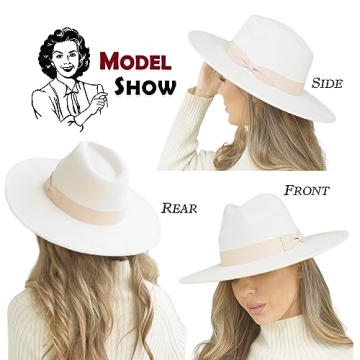 FLUFFY SENSE. Big Wide Brim Fedora Hat for Women - Nashville Outfits Western Hats Women's Felt Panama Rancher Hat (Ivory)