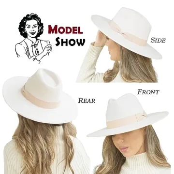 FLUFFY SENSE. Big Wide Brim Fedora Hat for Women - Nashville Outfits Western Hats Women's Felt Panama Rancher Hat (Ivory)