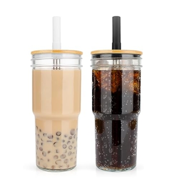 Luxfuel 24 oz Wide Mouth Mason Jar Drinking Glass with Bamboo Lids and Straws, Smoothie Cup Reusable...