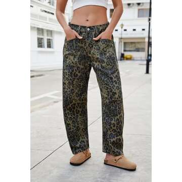 Kedera Women's Leopard Pattern Barrel Jeans Pants Wide Leg Y2K Denim Pants Baggy Boyfriend Jeans wit...