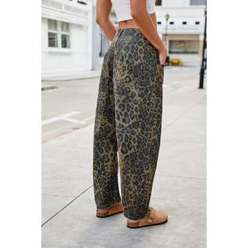 Kedera Women's Leopard Pattern Barrel Jeans Pants Wide Leg Y2K Denim Pants Baggy Boyfriend Jeans with Pockets