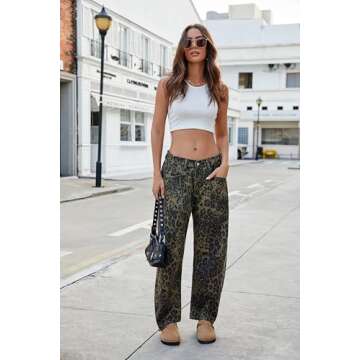 Kedera Women's Leopard Pattern Barrel Jeans Pants Wide Leg Y2K Denim Pants Baggy Boyfriend Jeans with Pockets