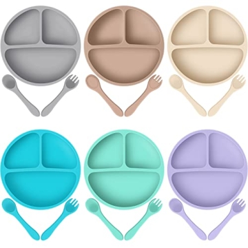 6 Pack Suction Plates for Baby with Spoon Fork Divided Toddler Plate with Suction Silicone Baby Self...
