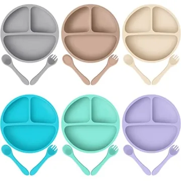 6 Pack Suction Plates for Baby with Spoon Fork Divided Toddler Plate with Suction Silicone Baby Self...