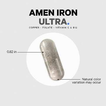 Amen Iron Ultra Supplement + Copper, Folate, Vitamin C and Vitamin B12-2-Month Supply - Ferrous Sulfate Iron Vitamin - Iron 65mg Per Serving - Iron Folic Acid - Non-GMO Iron Pills - 60 Capsules