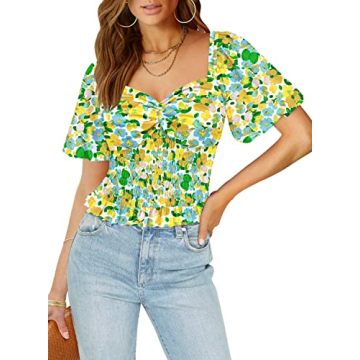 DOROSE Women's Balloon Sleeve Floral Tops Sweetheart Neck Twist Front Blouses Smocked Crop Top Green...
