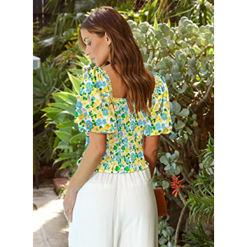 DOROSE Floral Smocked Sweetheart Neck Twist Front Top