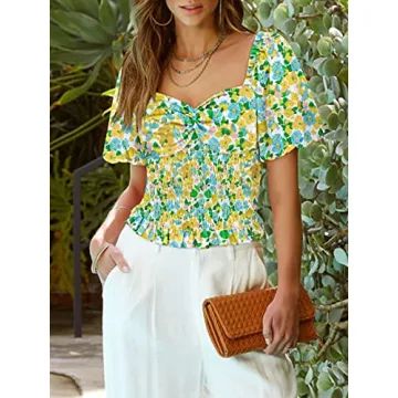 DOROSE Floral Smocked Sweetheart Neck Twist Front Top