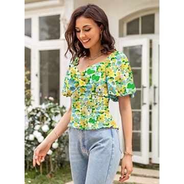 DOROSE Floral Smocked Sweetheart Neck Twist Front Top