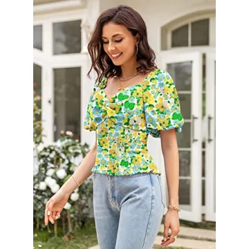 DOROSE Floral Smocked Sweetheart Neck Twist Front Top