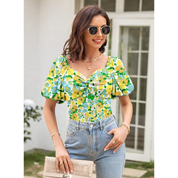 DOROSE Floral Smocked Sweetheart Neck Twist Front Top