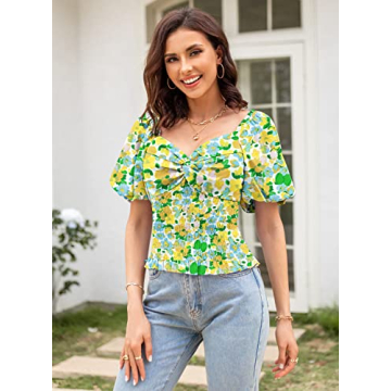 DOROSE Floral Smocked Sweetheart Neck Twist Front Top