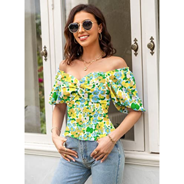 DOROSE Floral Smocked Sweetheart Neck Twist Front Top