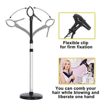 Erytlly Adjustable 360-Degree Rotating Hands-Free Metal Hair Dryer Stand and Holder for Bathroom, Vanity, Makeup Room
