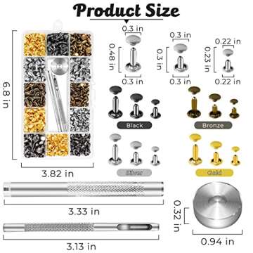 420 Sets Leather Rivets, Rivets for Leather Crafting, 4 Colors and 3 Sizes Leather Rivet Kit with 3p...