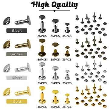 420 Sets Leather Rivets, Rivets for Leather Crafting, 4 Colors and 3 Sizes Leather Rivet Kit with 3pcs Leather Tools, Rivets for Fabric, Remaches para Cuero, Double Cap Brass Rivets for Decoration