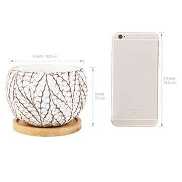 T4U 4 Inch Cement Succulent Plant Pot with Tray, Small Concrete Cactus Flower Planter Set of 3, Leaf Pattern Indoor Succulent Bowl for Home Office