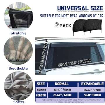 2 Pack Stretchy Car Rear Window Sun Shades - UV & Light Blocker for All Vehicles