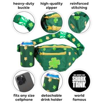 Tipsy Elves St Patrick’s Day Clover Fanny Pack with Drink Holder - Green Adjustable Belt Waist Pac...