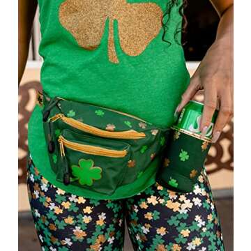 Tipsy Elves St Patrick’s Day Clover Fanny Pack with Drink Holder - Green Adjustable Belt Waist Packs - Secure Zipper Pocket for Storing Essentials